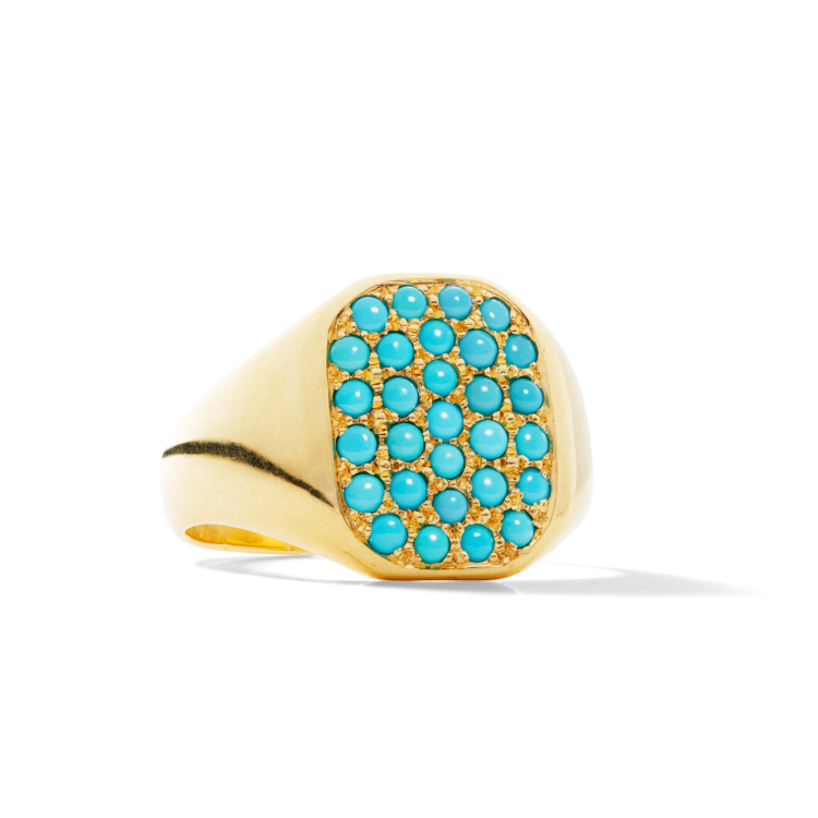 Bowen NYC Signet ring in 18-karat gold with Sleeping Beauty turquoise cabochons. (Bowen NYC)