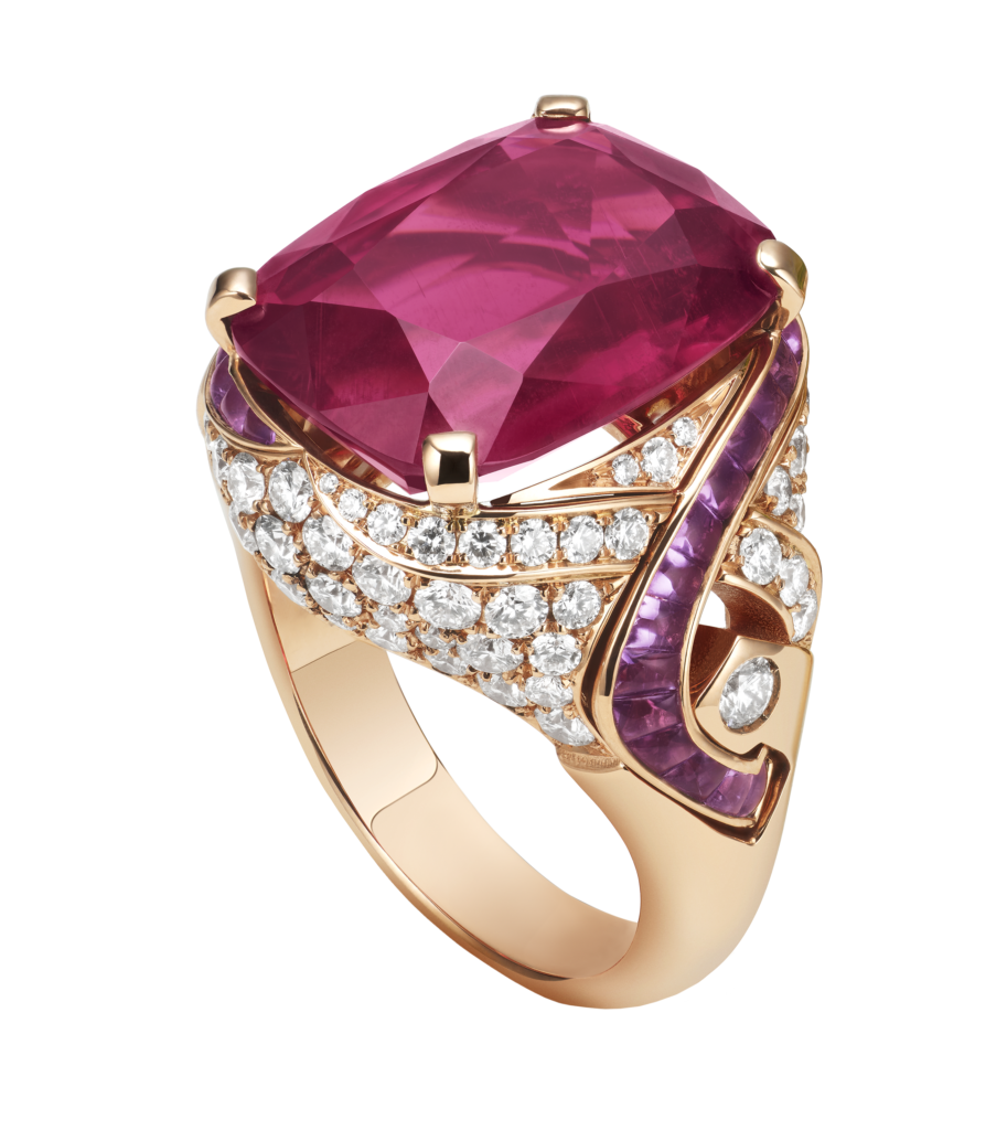Rubellite ring from Bulgari’s Eden, the Garden of Wonders collection, in 18-karat gold, with amethysts and diamonds. (Bulgari)