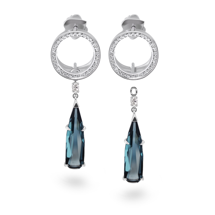 Drutis earrings in 18-karat gold with diamonds and detachable London-blue topaz drops. (Drutis)