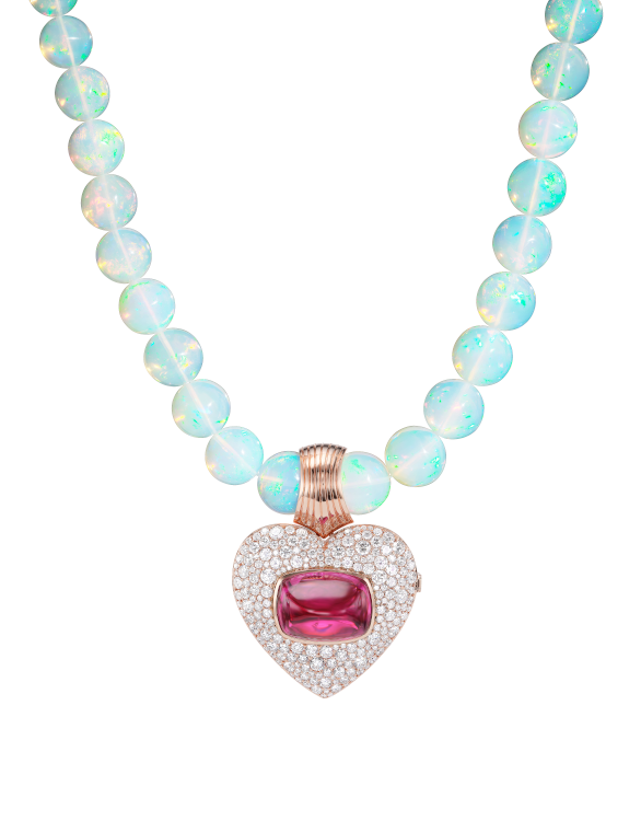 Emily P. Wheeler Cinderella necklace with Ethiopian opal beads, diamonds, and a rubellite cabochon in 18-karat yellow gold. (Emily P. Wheeler)