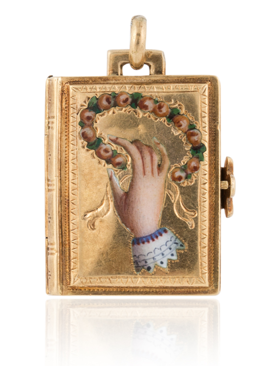 Mid Victorian locket in 14-karat yellow gold with painted enamel depicting a hand clasping a circle of roses, a symbol of love. Circa 1860. (Tenenbaum Jewelers)