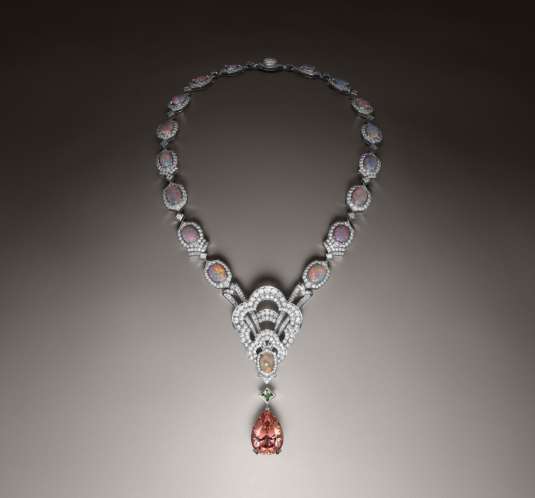 Louis Vuitton Conquêtes necklace with 17 opals and a pear-shaped, 37.07-carat imperial topaz. (Louis Vuitton)