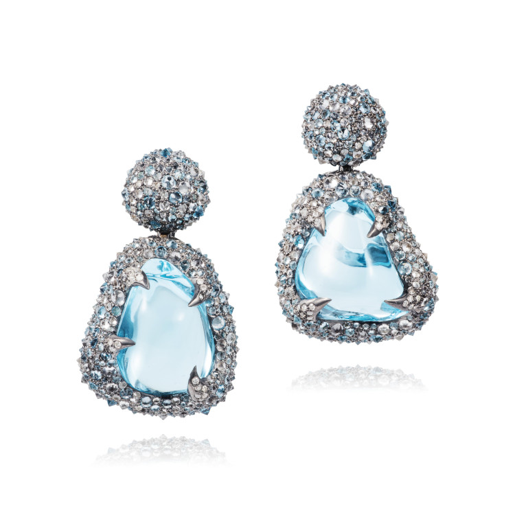 Manpriya B drop earrings with polished blue topaz, sapphire and pavé diamonds, in 18-karat white gold. (Manpriya B)