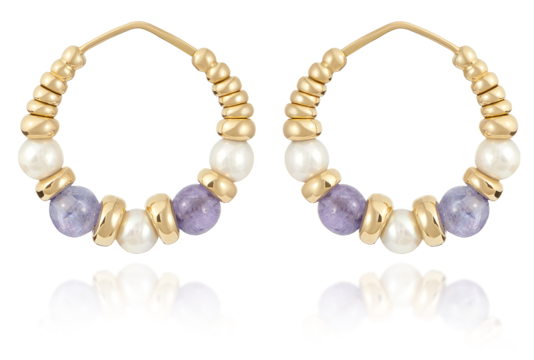Minka Jewels Mermaid hoops in 18-karat gold with pearls and tanzanite spheres. (Minka Jewels)