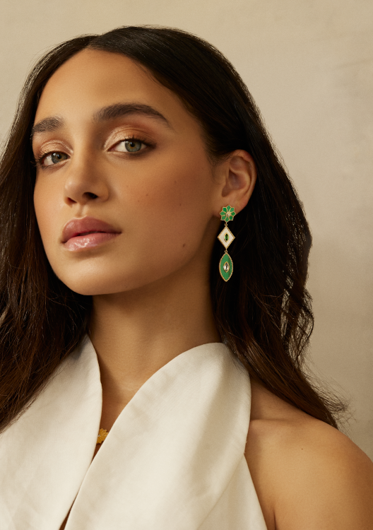 Orly Marcel Fez earrings in 18-karat gold with mother-of-pearl, diamonds, malachite and emerald. (Orly Marcel)