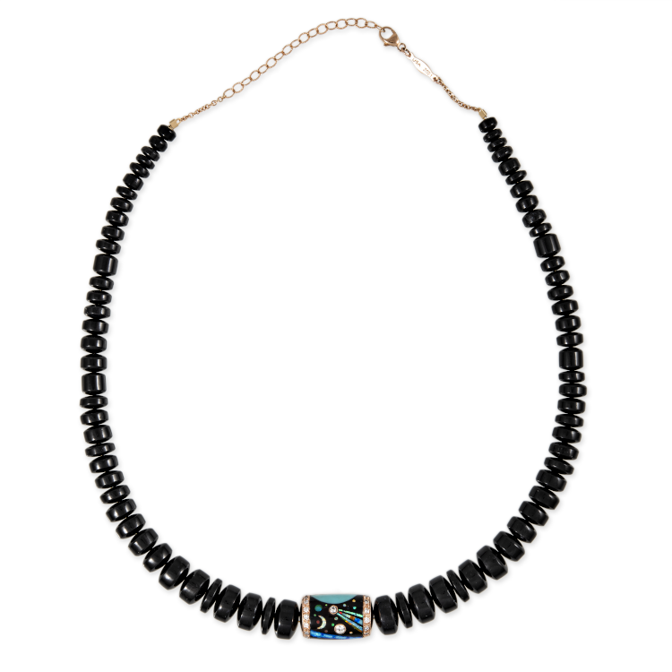 Jacquie Aiche Galaxy necklace in 18-karat gold with onyx beads, diamonds, and opal inlay. (Jacquie Aiche)