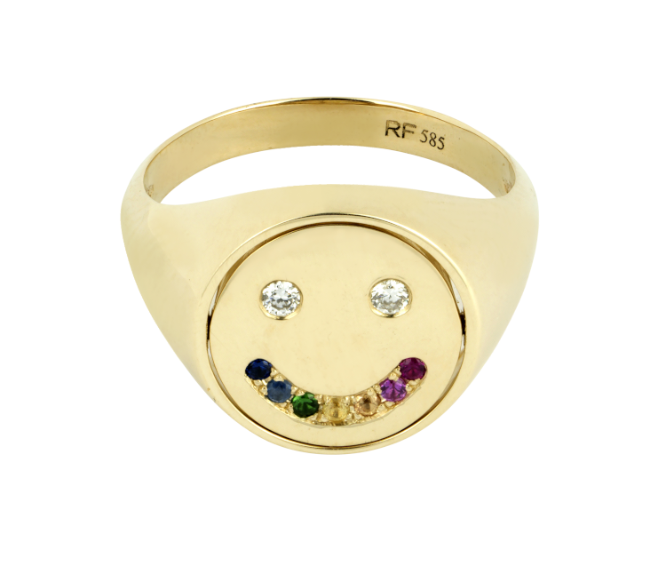 Roxanne First Happy or Sad flip ring in 18-karat gold with diamonds and sapphires. (Roxanne First)