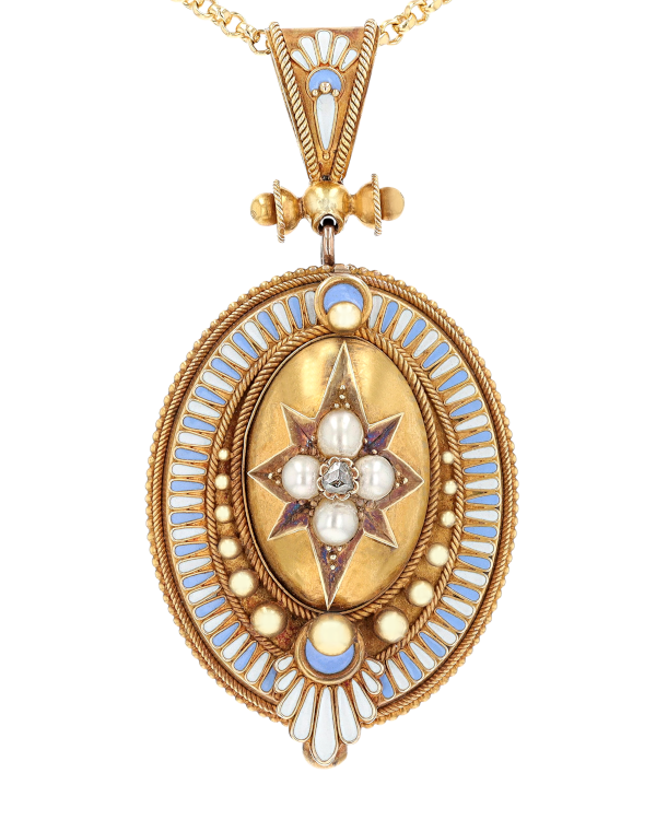 M. S. Rau Victorian locket, crafted from 15-karat and 22-karat yellow gold, with enamel, diamonds and pearls inlaid into a recessed star. (M. S. Rau)