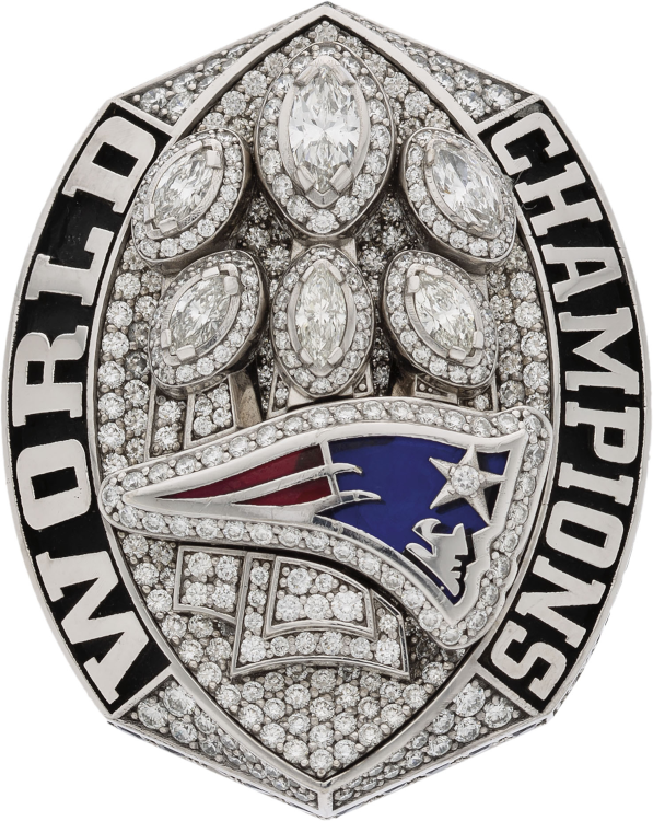 The 2018 Super Bowl LIII Championship ring, designed by Jostens, was sold at auction in 2020. (Heritage Auctions)