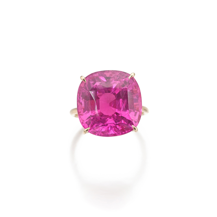 This 20.58 carat cushion-shaped unheated Burmese pink sapphire achieved a record per-carat price for a pink sapphire when it sold at Sotheby’s for more than $90,000 per carat. (Sotheby’s)