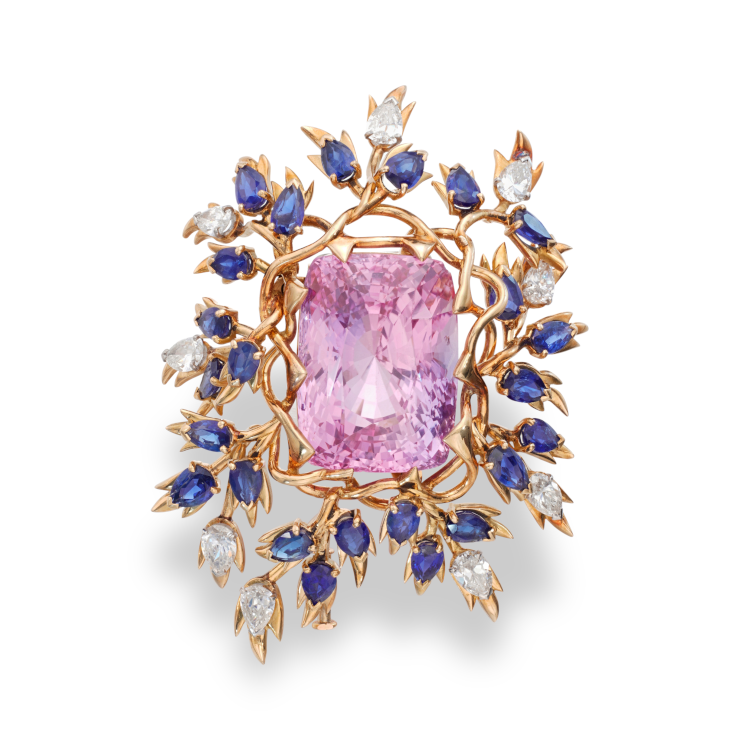 This Jean Schlumberger brooch, set with a 92.01 carat pink sapphire, blue sapphires and diamonds, sold at Sotheby’s for $1,764,562 and set the record for any jewel by the designer. (Sotheby’s)
