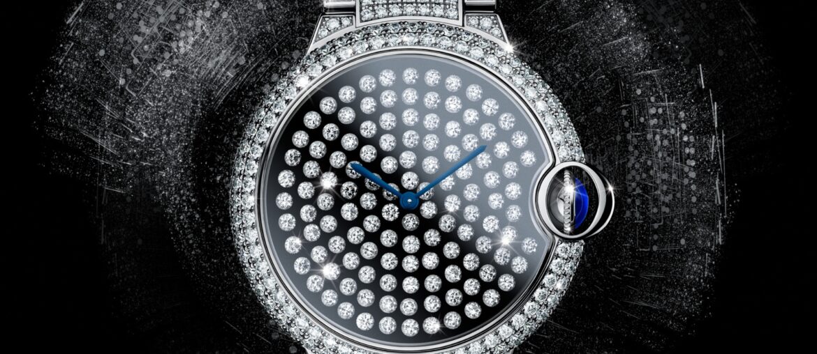 The Cartier Ballon Bleu Serti Vibrant, with diamonds set on tiny springs that move with the wearer. (Cartier)