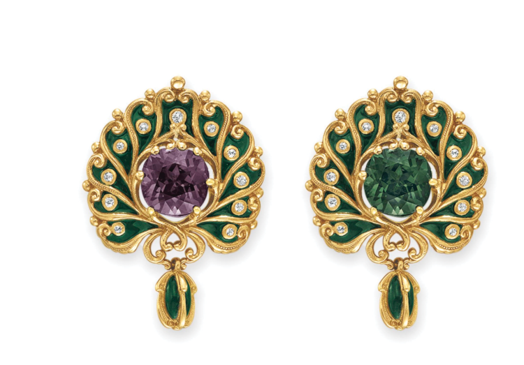 The source for Russian alexandrites is often antique jewelry, although in this Art Nouveau alexandrite and enamel brooch by Marcus & Co, circa 1900, an untreated Ceylon stone was used. It sold at Christie’s in 1914 for $87,500. (Christie’s)