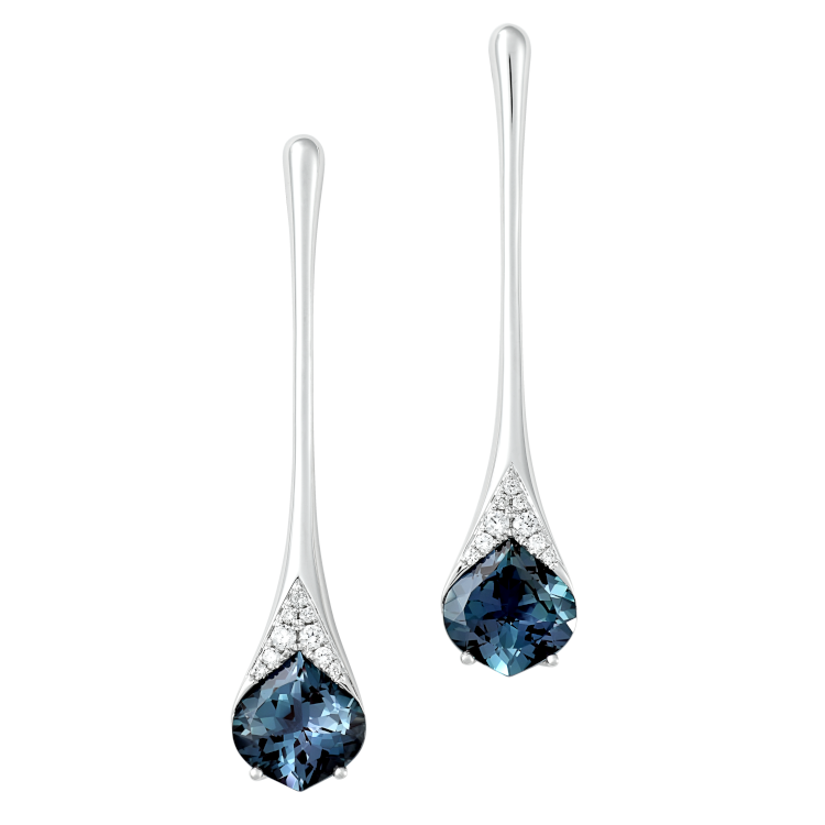 Chatham earrings in 14-karat white gold with diamonds and lab-grown alexandrites. (Chatham)