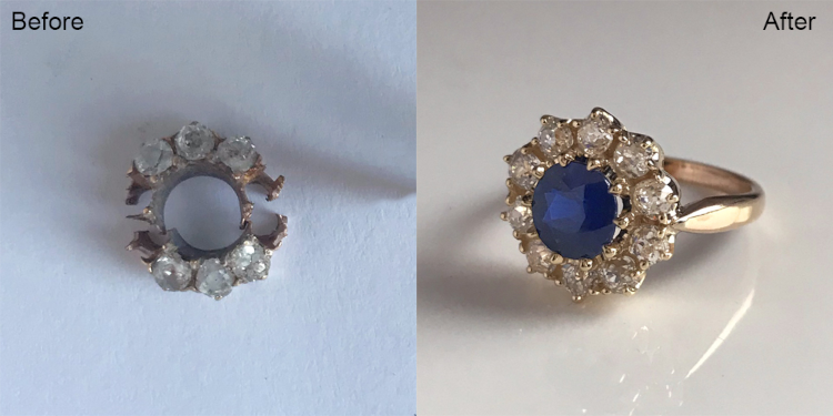 Diamond and sapphire engagement ring restored, keeping the attributes and integrity of the original design. (Ray Griffiths)