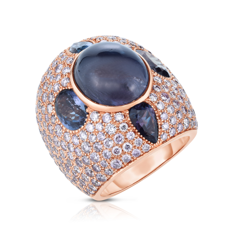 Cicada Jewelry ring with 10.67-carat alexandrite and 4.22 carats of purple diamonds, set in 18-karat yellow gold. (Cicada Jewelry)