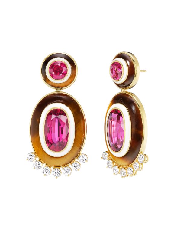 Emily P. Wheeler Diana earrings in 18-karat gold, white enamel, tiger’s eye, diamonds and rubellite.