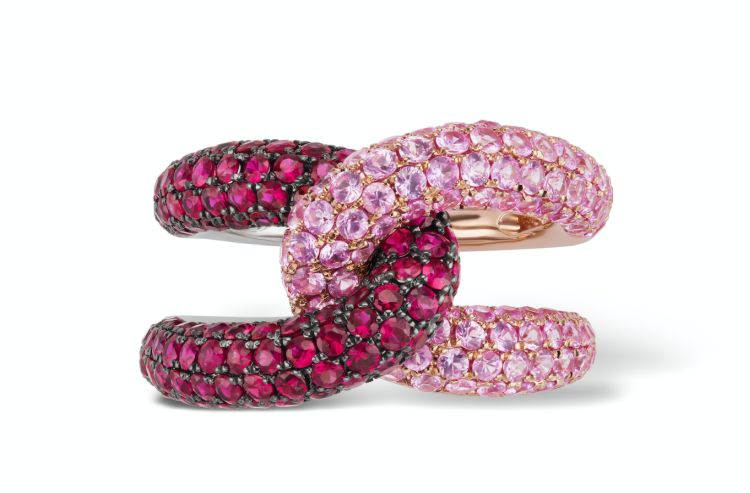 Gemella Jewels intertwin ring in 18-karat gold with rubies and sapphires.