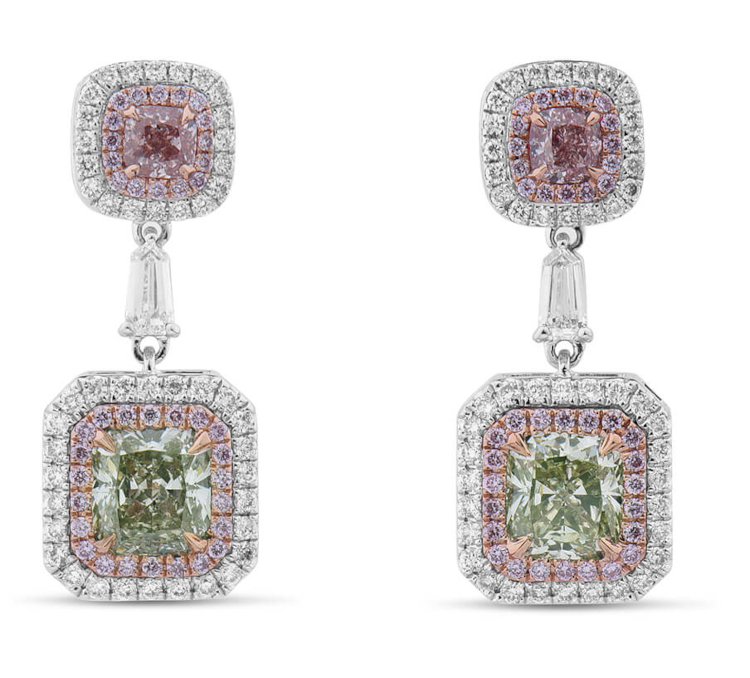 Earrings with green, pink, and white diamonds, in 18-karat white gold. (Alicia Jane)