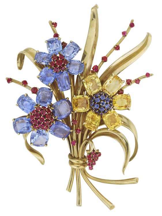 This Van Cleef & Arpels Retro Bouquet brooch with sapphires and rubies, circa 1940, sold for $195,300 at Christie’s in December. (Christie's)