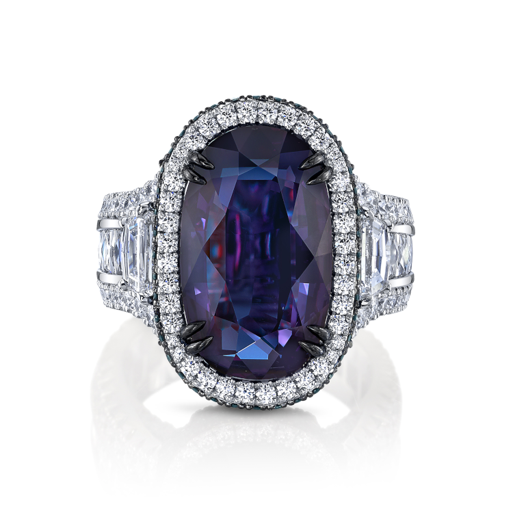 Platinum ring by Omi Privé featuring an oval, 10.62-carat alexandrite and smaller round alexandrites, as well as round, epaulette-cut and French-cut square diamonds. (Omi Privé)