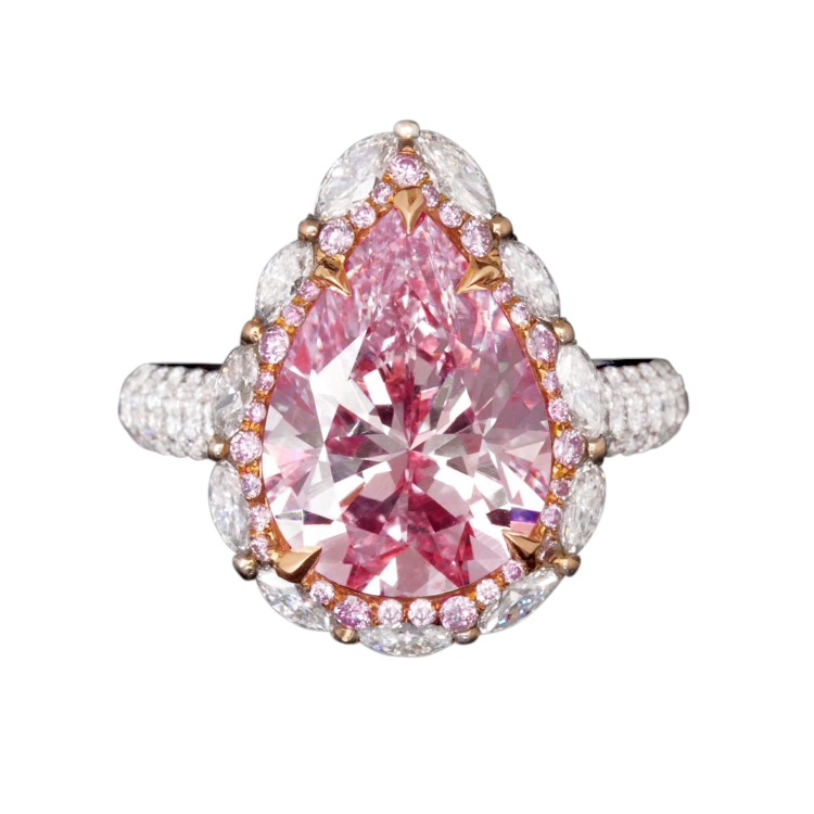 Ring with a pear-shaped fancy pink diamond and white diamonds, set in 18-karat rose gold. (Alicia Jane)