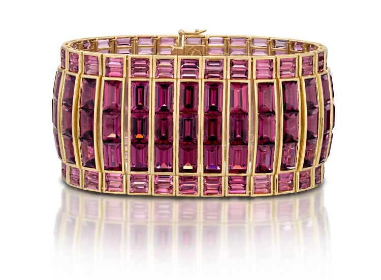 Stephen Silver bracelet with baguette-cut tourmalines in 18-karat gold.