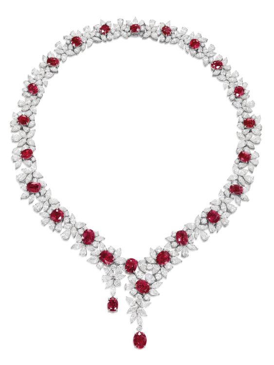 Necklace featuring 25 cushion-shaped rubies together weighing 50.24 carats, and diamonds, sold at Bonhams Hong Kong for $1.2M on November 26, 2022. (Bonhams) 