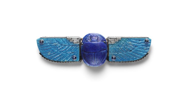 Scarab belt buckle in gold, platinum, blue Egyptian faience, diamonds, sapphires, and black enamel, Cartier Paris, 1926. (Marian Gérard/Cartier) 