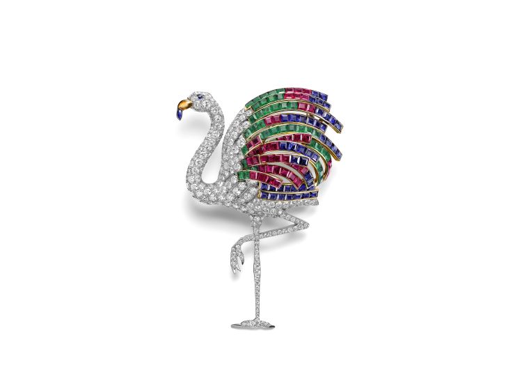 Flamingo brooch in platinum, yellow gold, brilliant-cut diamonds, calibré-cut emeralds, sapphires and rubies, sapphire cabochons, one citrine. Sold to the Duke of Windsor. Cartier Paris. (Cartier)