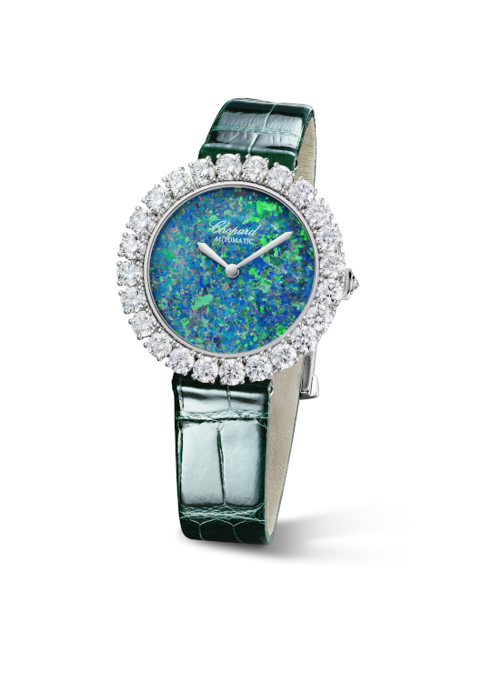 Chopard L'Heure du Diamant watch, with large, prong-set diamonds on the bezel. (Chopard)