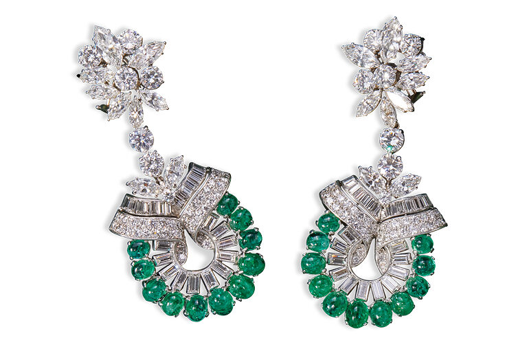 A pair of emerald, diamond, and 14-karat white gold earrings that once belonged to socialite Dianne Kay and sold at Freeman’s in March.