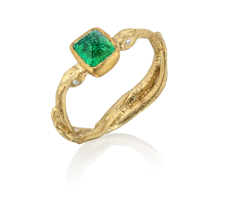 Ataumbi Metals ring, with Muzo emerald and diamonds. (Ataumbi Metals)