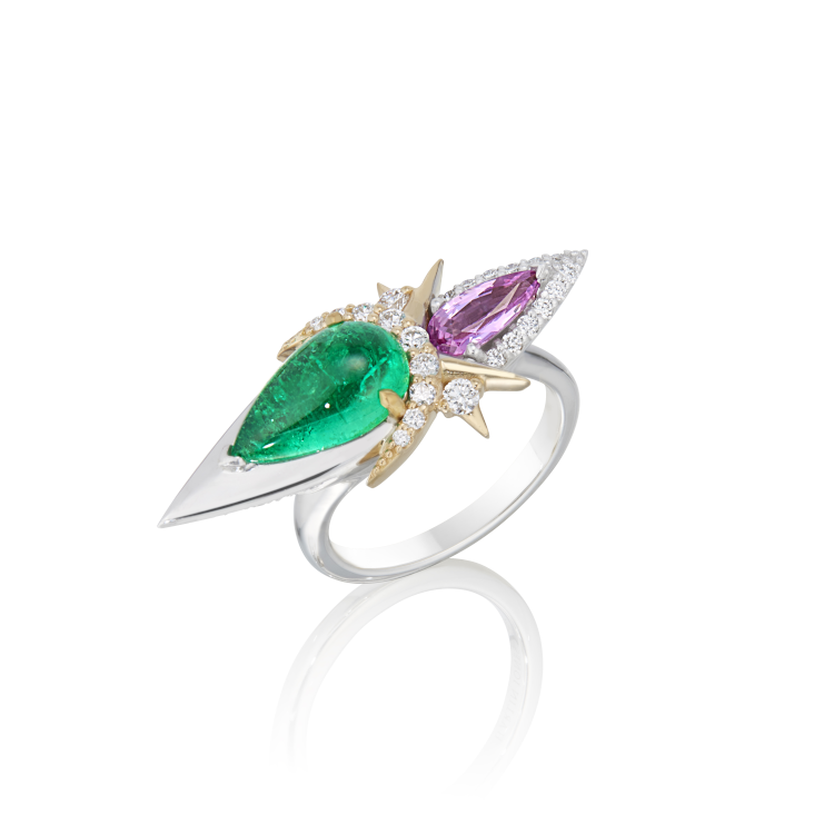 Harlin Jones ring in 18-karat white and yellow gold with a 2.00-carat cabochon Muzo emerald, a 0.50-carat pear-shaped pink sapphire, and 0.40 carats of round brilliant diamonds. (Harlin Jones)
