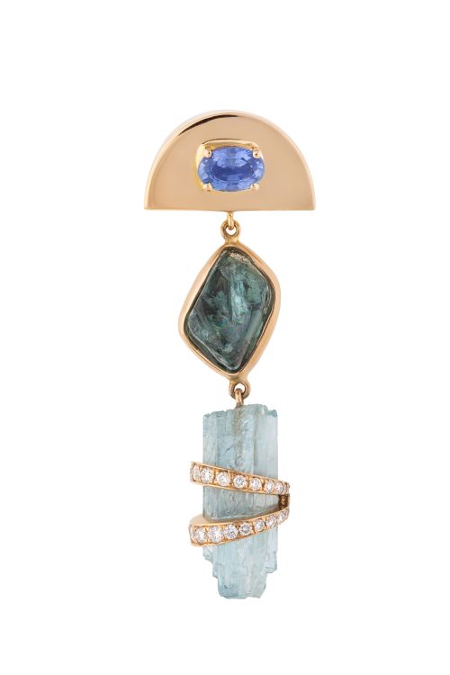Single aquamarine, blue sapphire and blue tourmaline Moon long earring in 18-karat pink gold. (Clara Chehab)