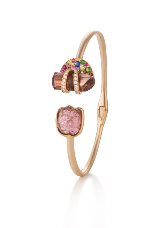 Pink tourmaline and multi-sapphire bracelet in 18-karat pink gold. (Clara Chehab)