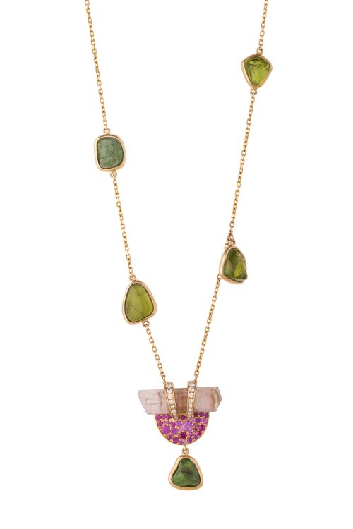 Pink and green tourmaline and ruby Moon necklace in 18-karat pink gold. (Clara Chehab)