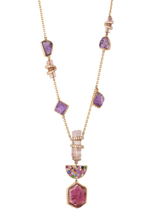 Pink tourmaline, amethyst and multi-sapphire Moon long necklace in 18-karat pink gold. (Clara Chehab)