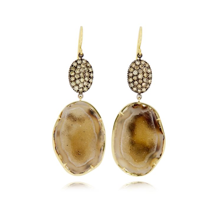Kimberly McDonald. Signature KMD collection geode and green diamond earrings. Naturally golden geodes set in high-polished gold bezels, unexpectedly suspended from oval-shaped double-sided natural green pave diamond orbs. (Kimberly McDonald)