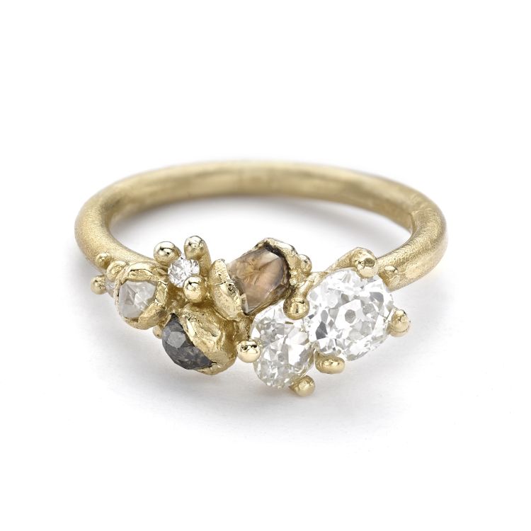Ruth Tomlinson, Antique diamond tumbling cluster ring of mixed cut diamonds in tonal hues, on a matte band (Ruth Tomlinson)