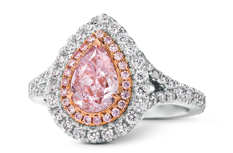 Le Vian ring with a pear-shaped, pink central diamond. (Le Vian)