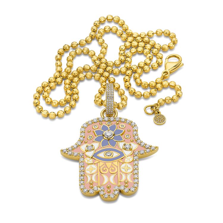 Buddha Mama Hamsa pendant in 20-karat gold with diamonds and enamel. (Buddha Mama)