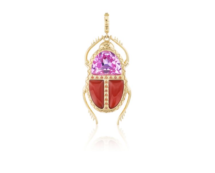 Harwell Godfrey Scarab pendant in 18-karat gold with pink topaz, carnelian and pink sapphires. (Harwell Godfrey) 