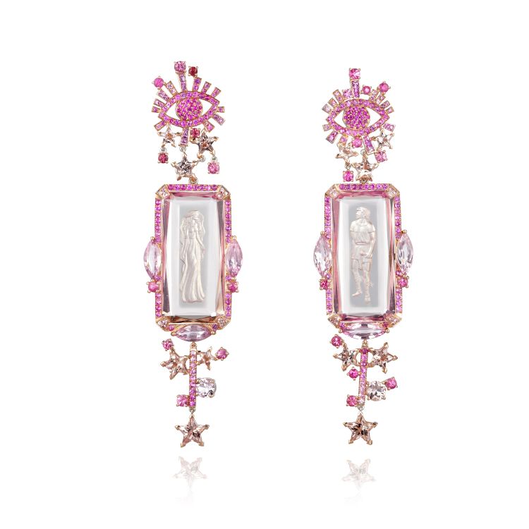 Lydia Courteille earrings in 18-karat gold with morganite intaglios, pink sapphires and rubies.