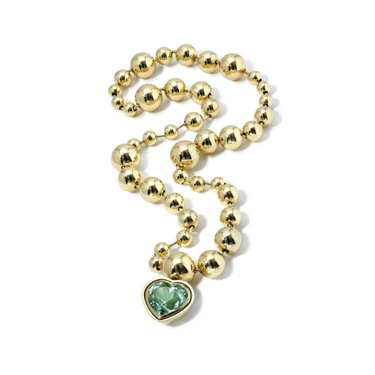 Retrouvai Cascading Domino Ball chain in 14-karat gold with a heart-shaped tourmaline. (Retrouvai)