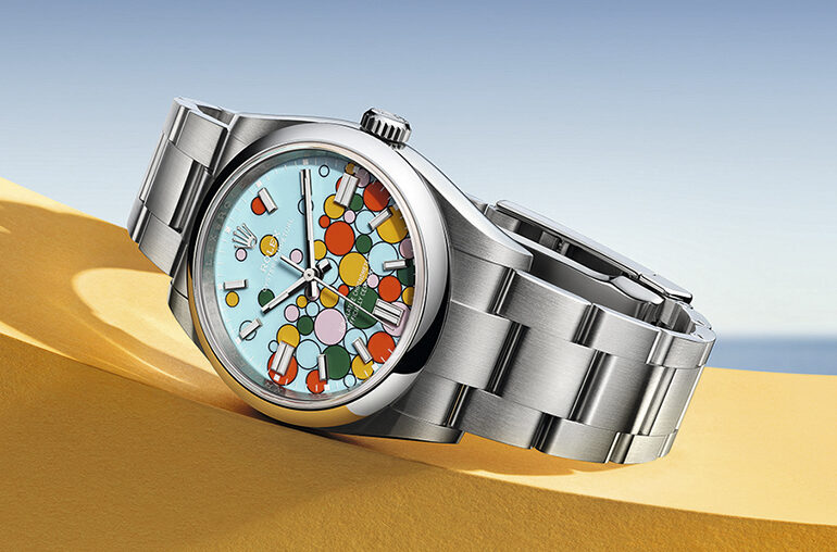 Rolex Oyster Perpetual with a Celebration dial in multi-colored enamel