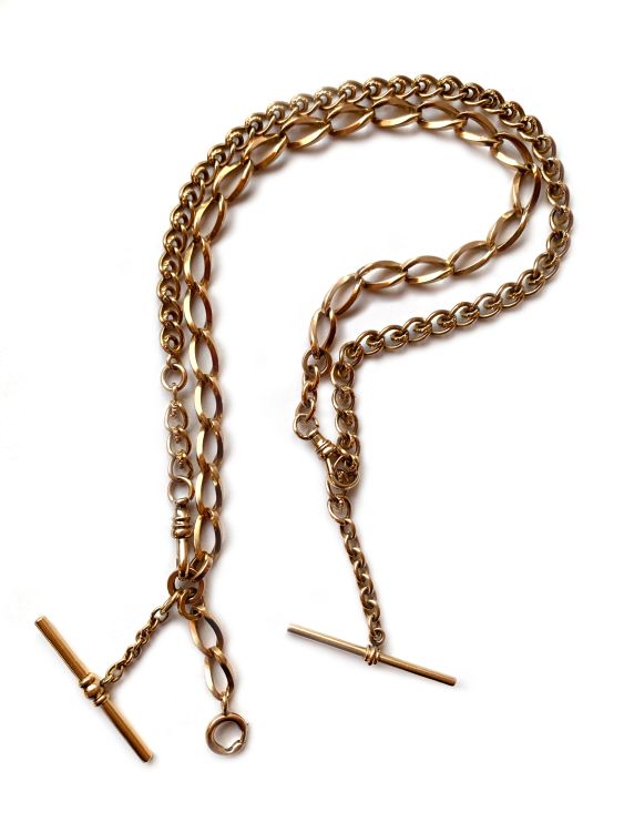 From The Gold Hatpin: two 13inch 14 karat gold watch fob chains connected together. (The Gold Hatpin)