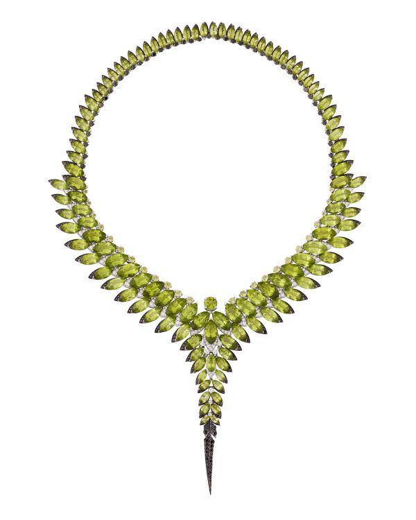 Stephen Webster Magnipheasant feather collar set in 18-karat recycled white gold with peridots and diamonds. (Stephen Webster)
