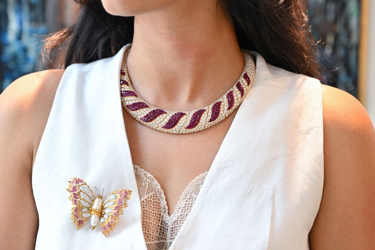 Model wearing a selection of jewels sold at Sotheby's (Sotheby's)