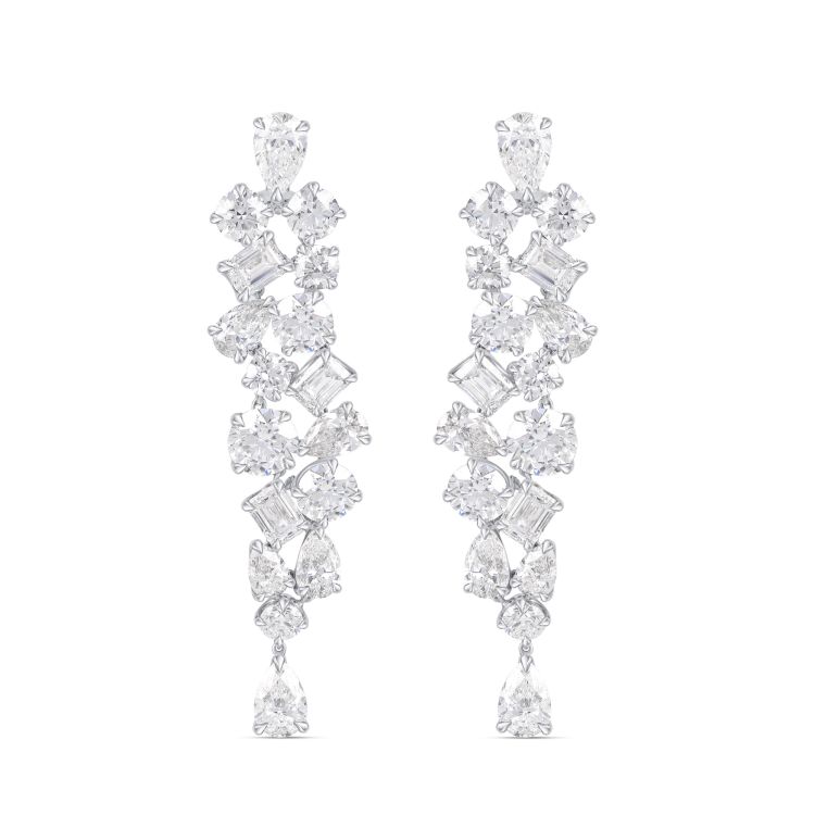 Harakh raindrop earrings set in 18-karat white gold, featuring 32.30 carats of diamonds in various cuts. (Harakh)